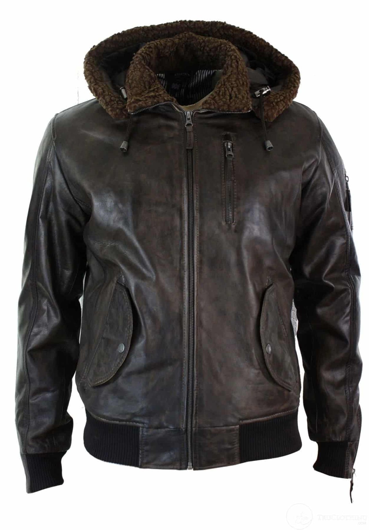 Jaqueta masculina de couro legítimo com capuz e forro de pele, estilo bomber aviador vintage marrom retrô.