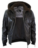 Jaqueta masculina de couro legítimo com capuz e forro de pele, estilo bomber aviador vintage marrom retrô.