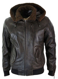 Jaqueta masculina de couro legítimo com capuz e forro de pele, estilo bomber aviador vintage marrom retrô.