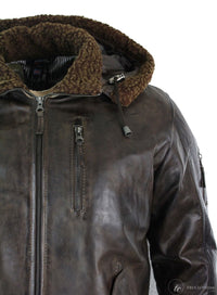 Jaqueta masculina de couro legítimo com capuz e forro de pele, estilo bomber aviador vintage marrom retrô.