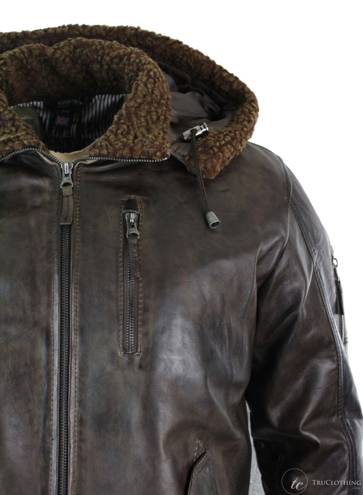 Jaqueta masculina de couro legítimo com capuz e forro de pele, estilo bomber aviador vintage marrom retrô.