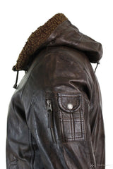 Jaqueta masculina de couro legítimo com capuz e forro de pele, estilo bomber aviador vintage marrom retrô.