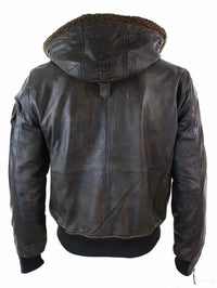 Jaqueta masculina de couro legítimo com capuz e forro de pele, estilo bomber aviador vintage marrom retrô.