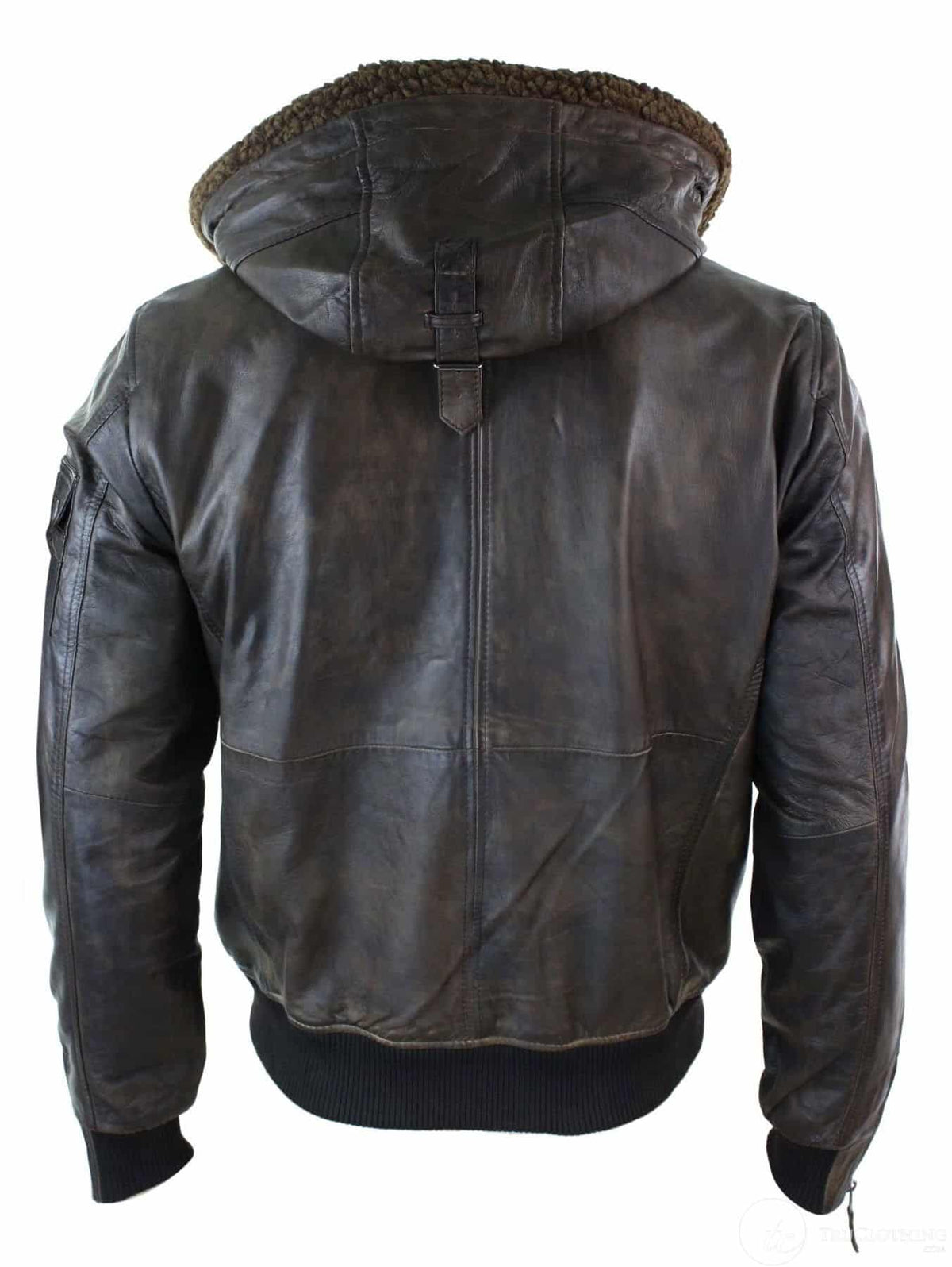 Jaqueta masculina de couro legítimo com capuz e forro de pele, estilo bomber aviador vintage marrom retrô.