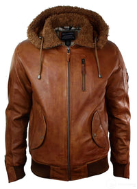 Jaqueta masculina de couro legítimo com capuz e forro de pele, estilo bomber aviador vintage marrom retrô-bege.