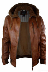Jaqueta masculina de couro legítimo com capuz e forro de pele, estilo bomber aviador vintage marrom retrô-bege.