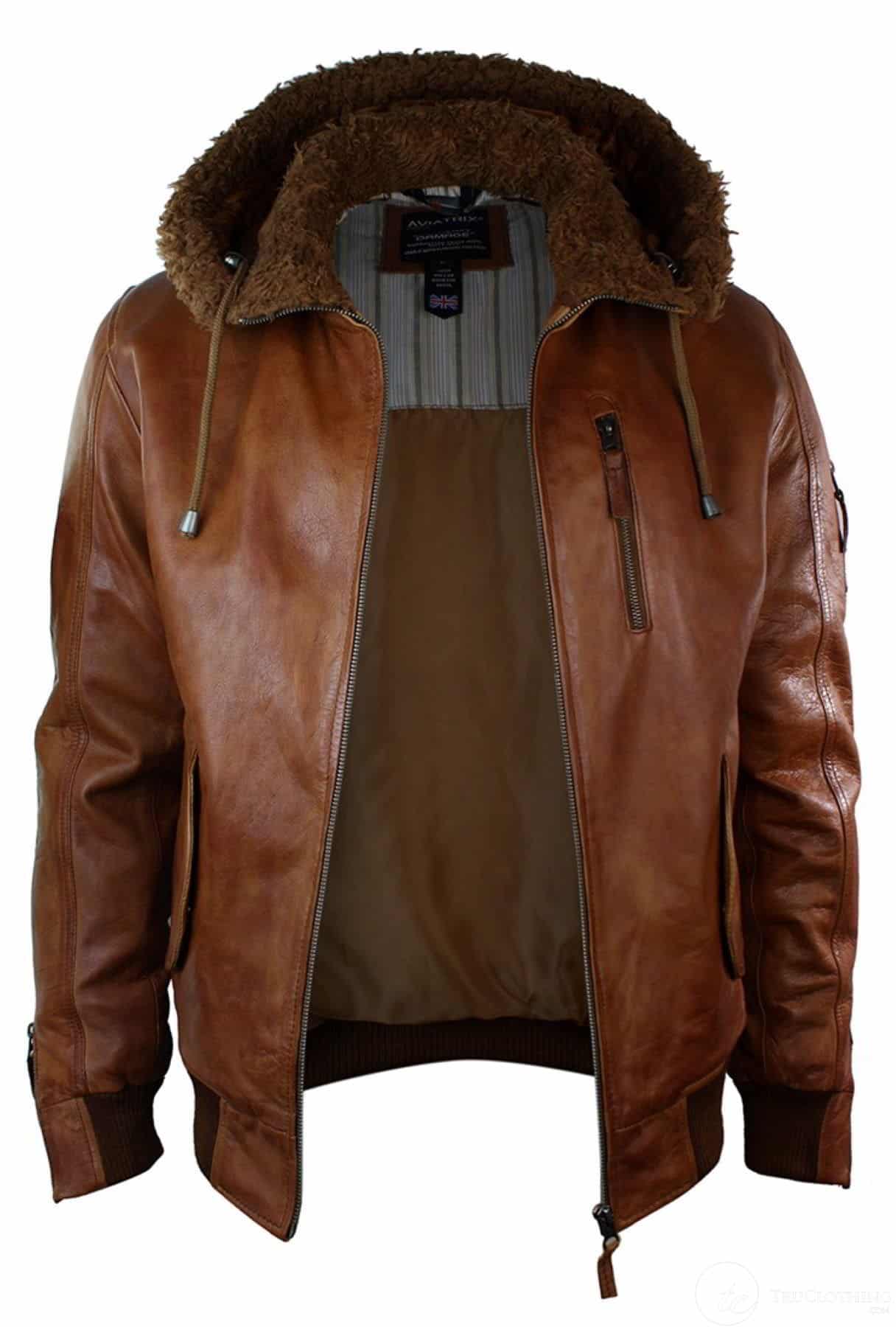 Jaqueta masculina de couro legítimo com capuz e forro de pele, estilo bomber aviador vintage marrom retrô-bege.