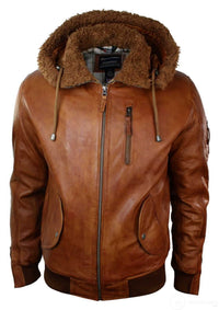 Jaqueta masculina de couro legítimo com capuz e forro de pele, estilo bomber aviador vintage marrom retrô-bege.