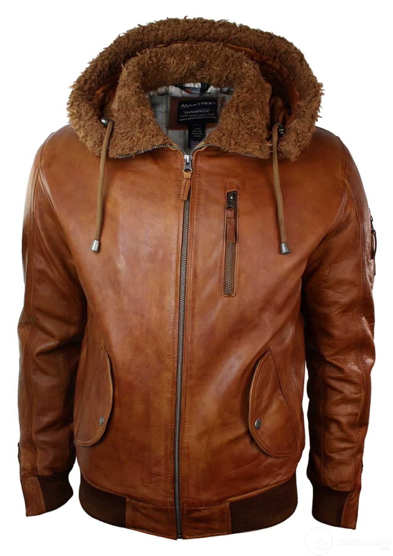 Jaqueta masculina de couro legítimo com capuz e forro de pele, estilo bomber aviador vintage marrom retrô-bege.