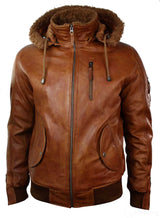 Jaqueta masculina de couro legítimo com capuz e forro de pele, estilo bomber aviador vintage marrom retrô-bege.