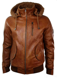 Jaqueta masculina de couro legítimo com capuz e forro de pele, estilo bomber aviador vintage marrom retrô-bege.