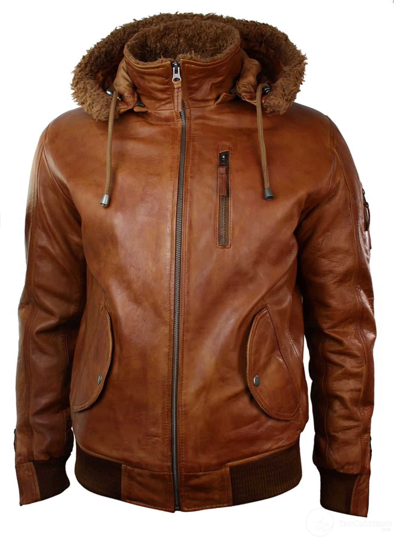 Jaqueta masculina de couro legítimo com capuz e forro de pele, estilo bomber aviador vintage marrom retrô-bege.