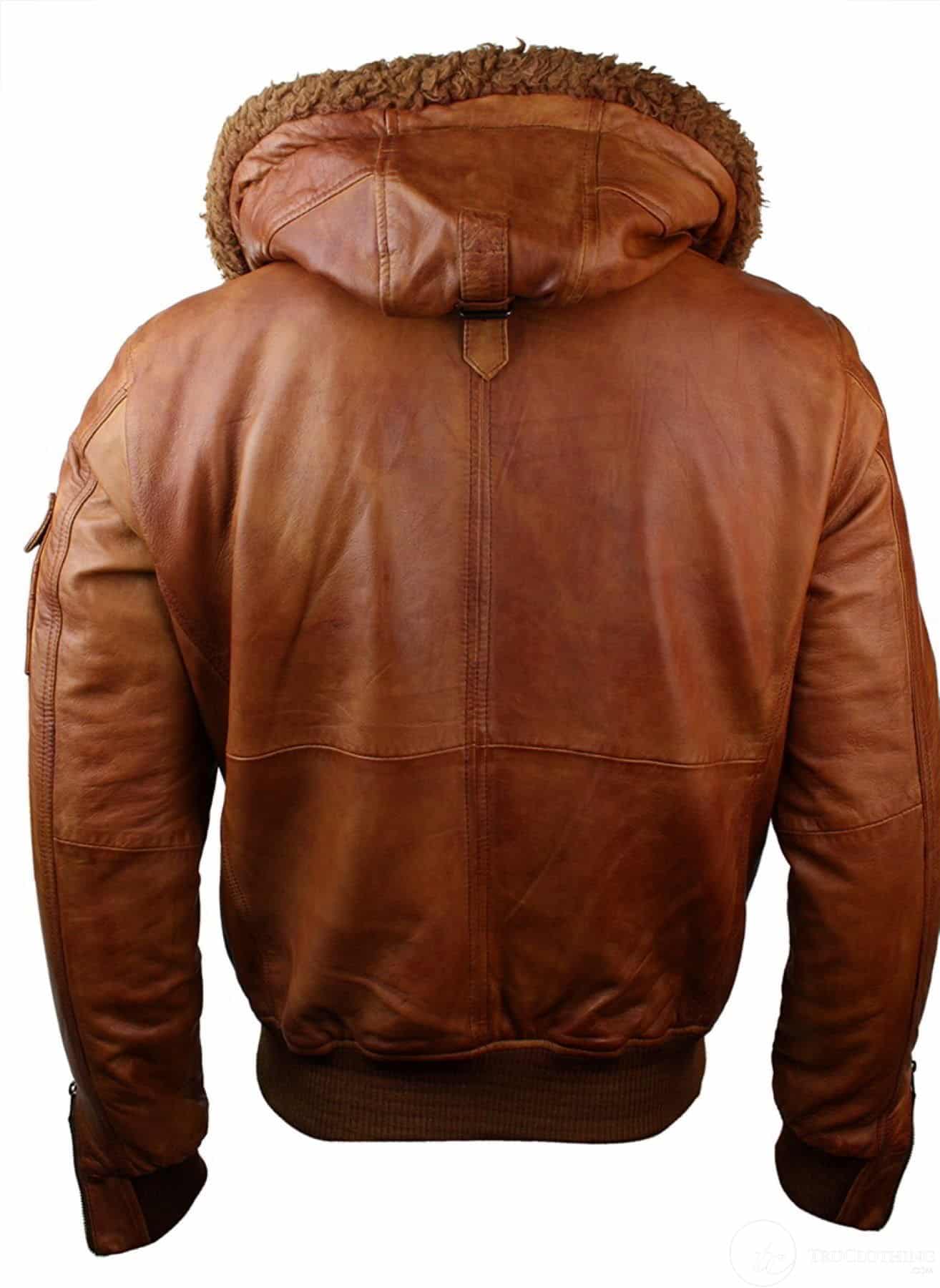 Jaqueta masculina de couro legítimo com capuz e forro de pele, estilo bomber aviador vintage marrom retrô-bege.