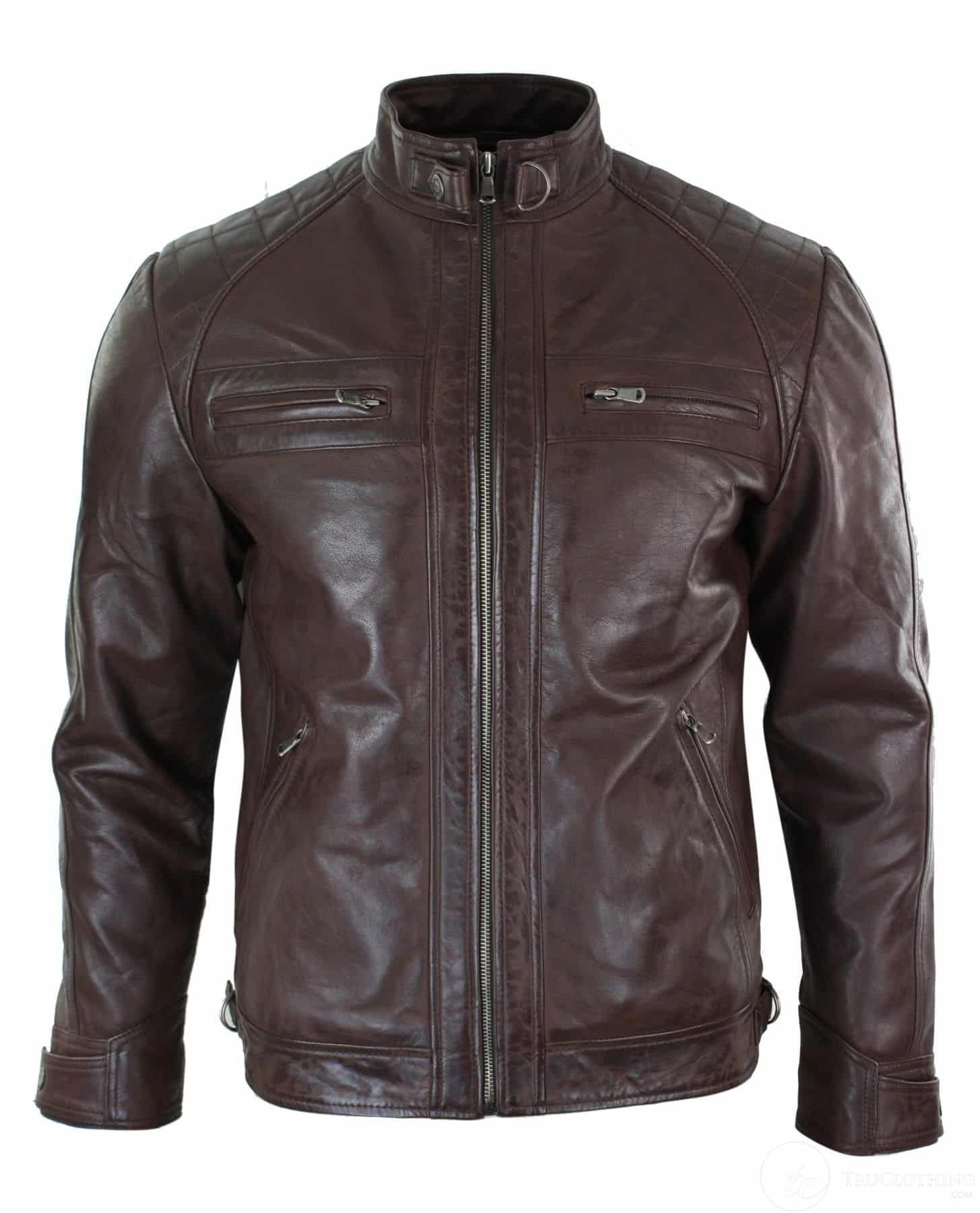 Jaqueta masculina estilo motociclista retrô em couro legítimo, com zíper, macia, preta e marrom.