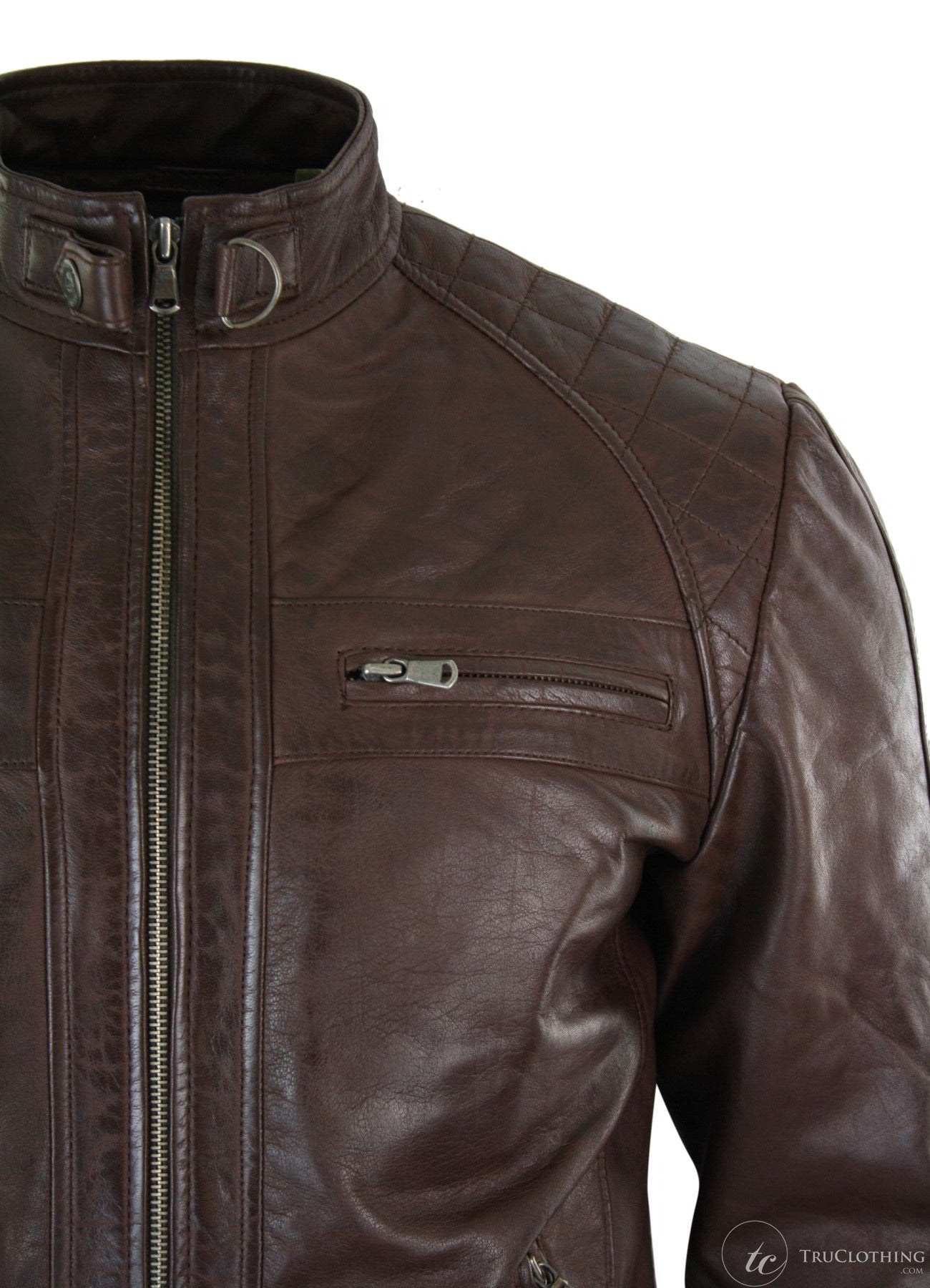 Jaqueta masculina estilo motociclista retrô em couro legítimo, com zíper, macia, preta e marrom.