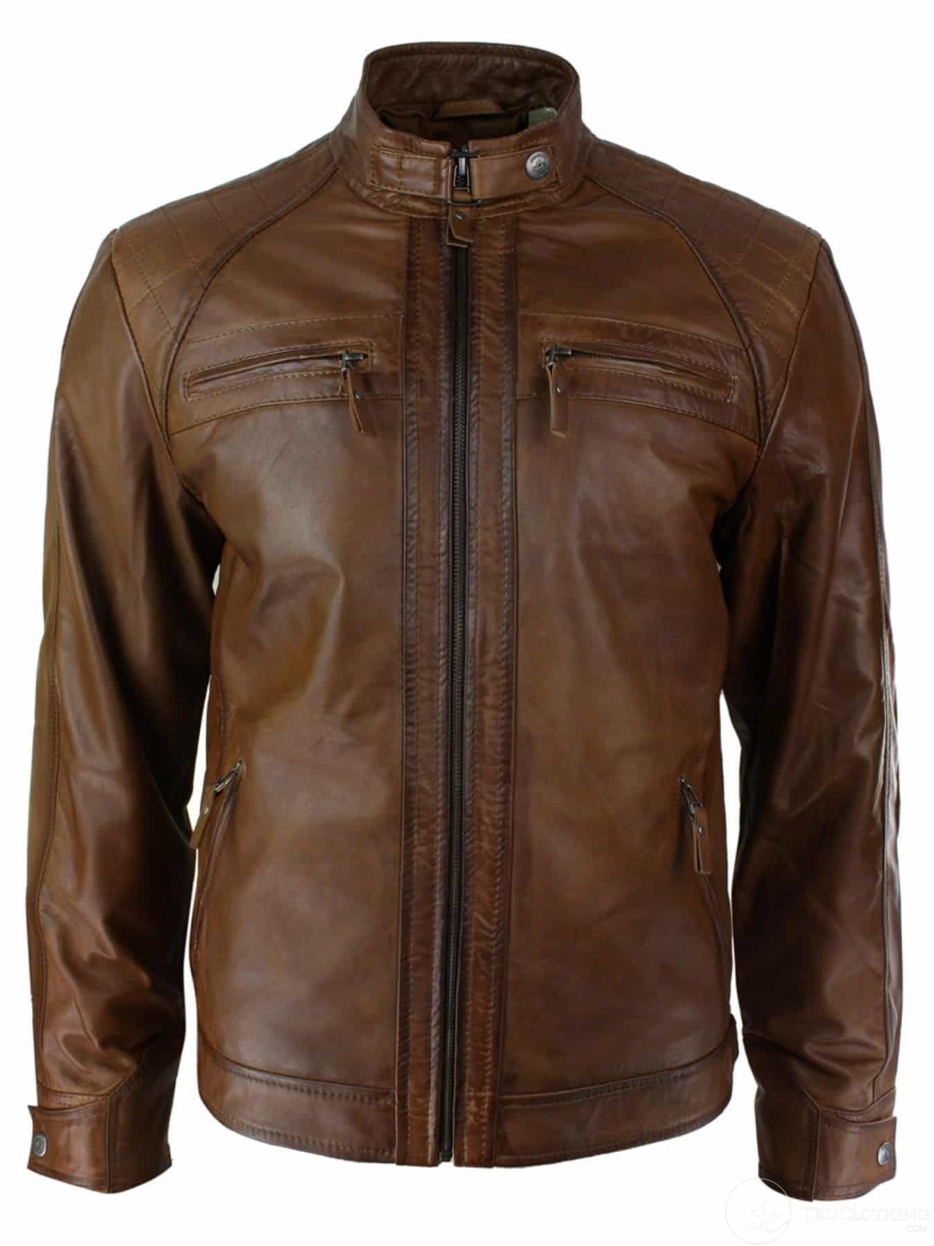 Jaqueta masculina estilo retrô com zíper, em couro legítimo macio, preta, casual e bege.