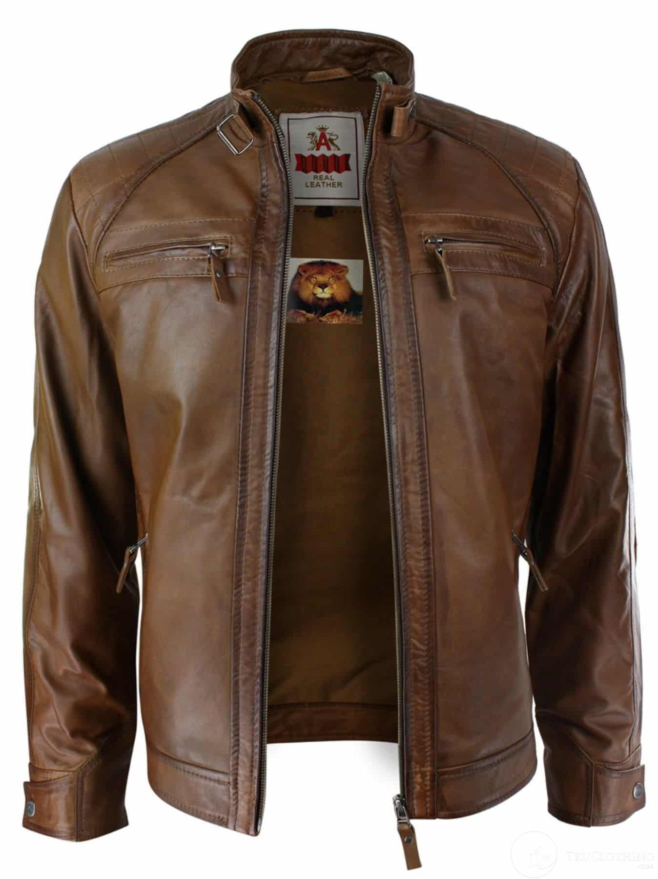 Jaqueta masculina estilo retrô com zíper, em couro legítimo macio, preta, casual e bege.