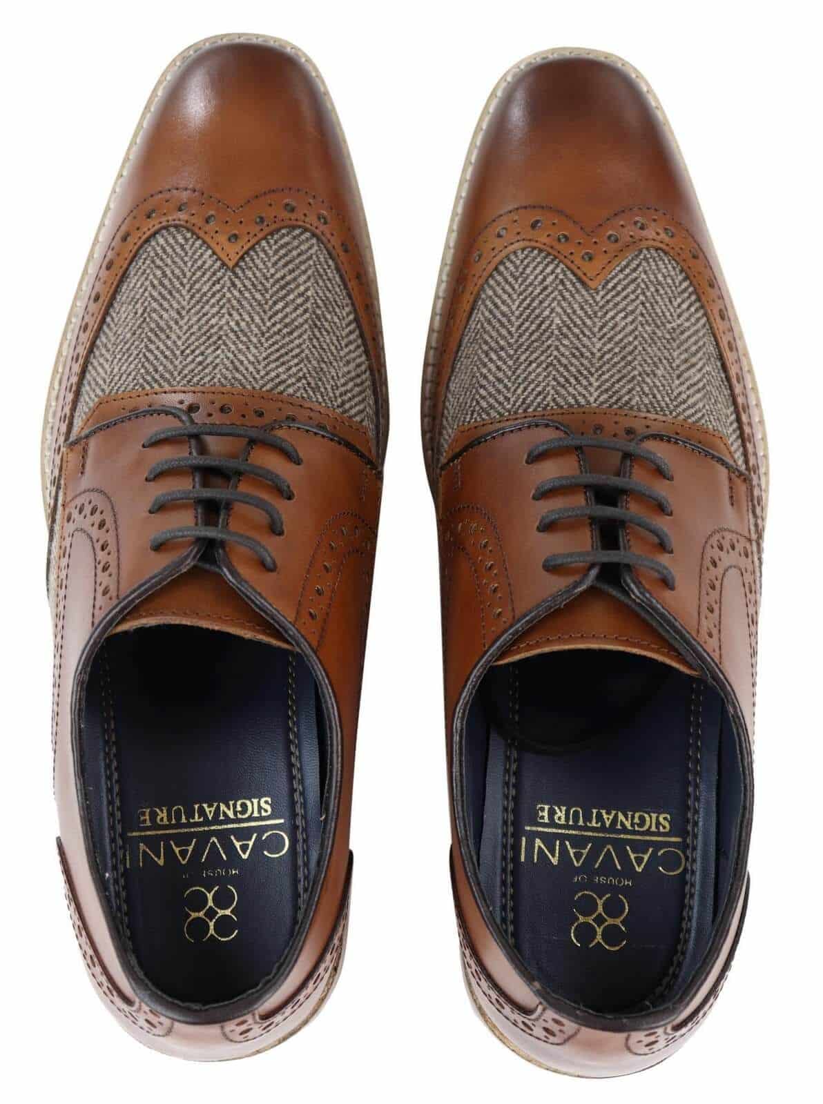 Sapatos masculinos de couro e tweed estilo Gatsby dos anos 1920
