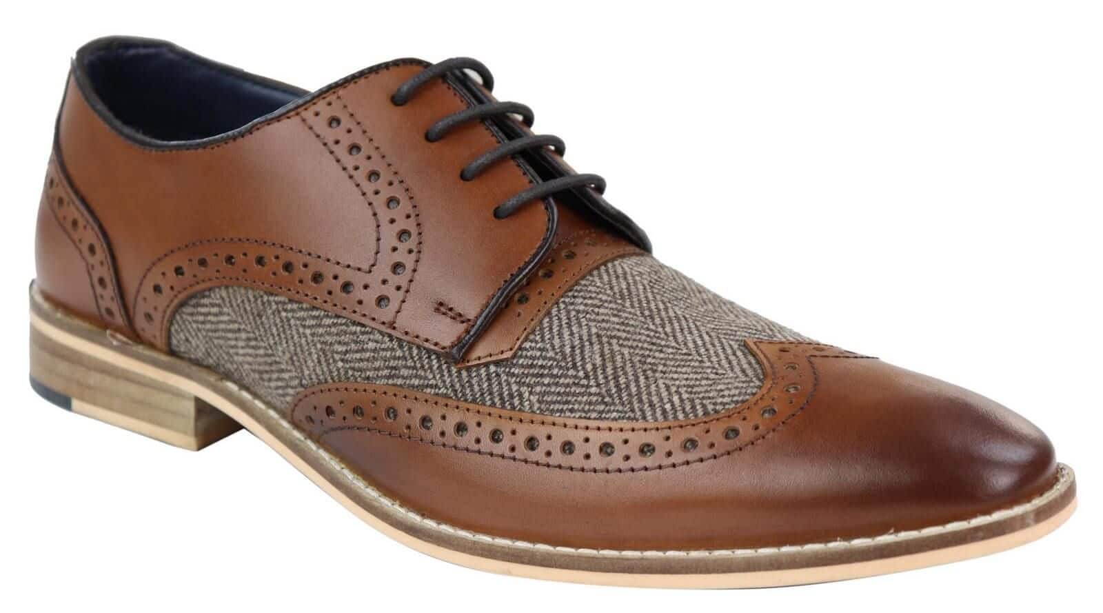 Sapatos masculinos de couro e tweed estilo Gatsby dos anos 1920