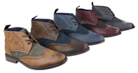Botas de cano curto masculinas em couro e tweed com cadarço