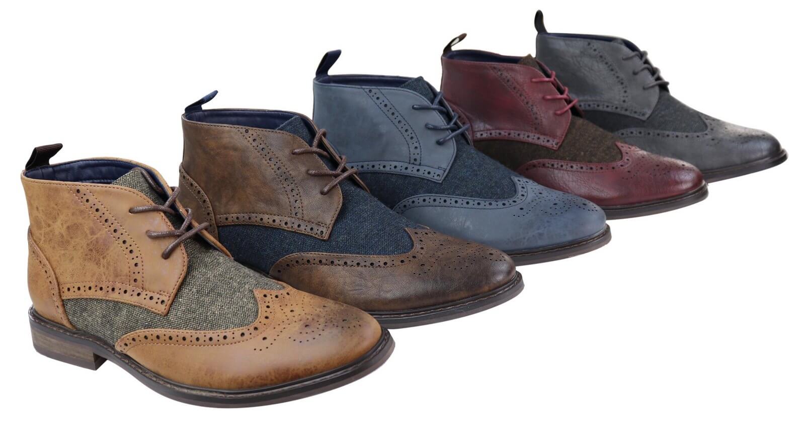 Botas de cano curto masculinas em couro e tweed com cadarço