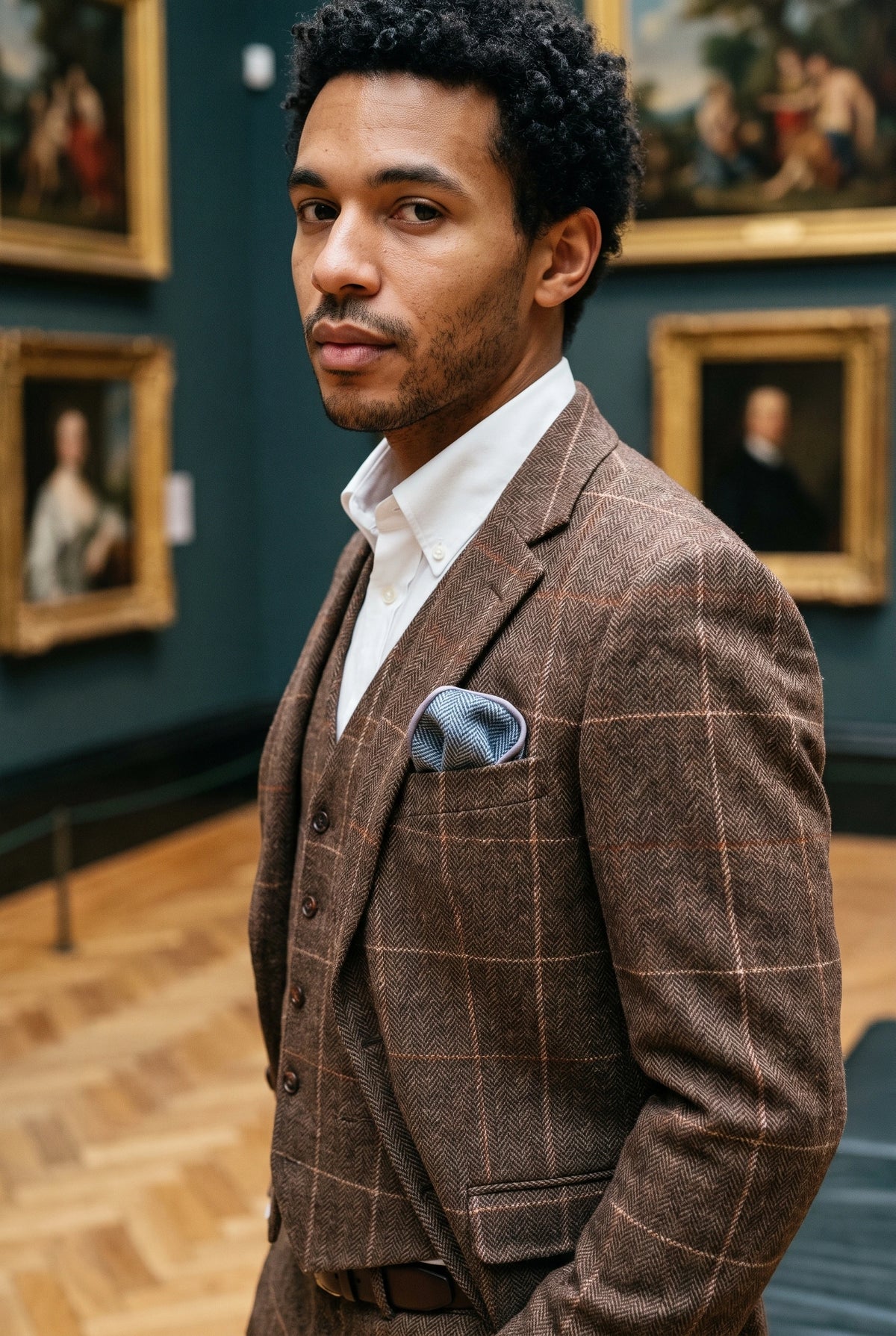 Lenço de bolso masculino em tweed azul claro com mistura de lã.