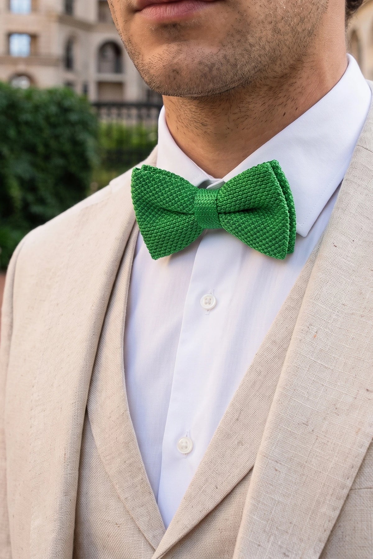 Gravata borboleta masculina verde-clara de tricô
