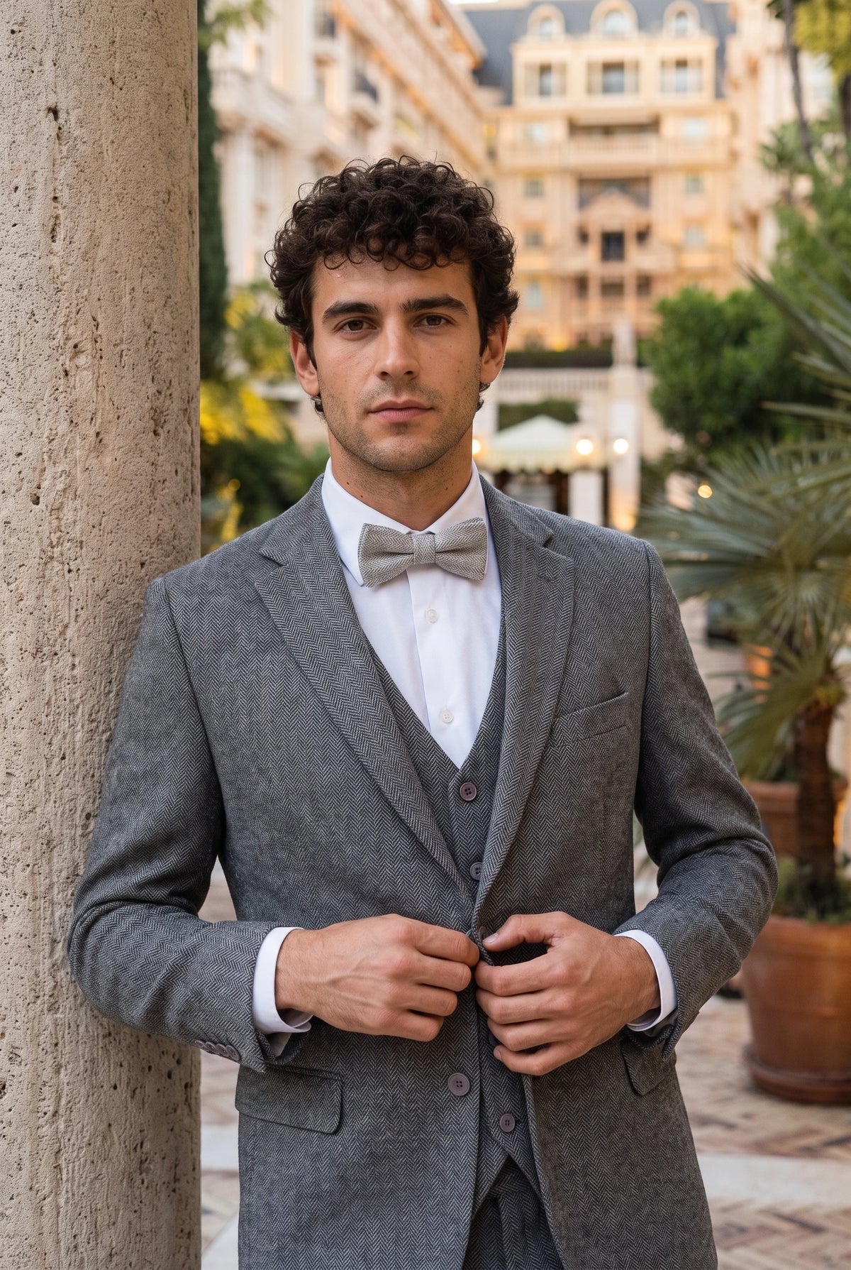 Gravata borboleta masculina em tweed cinza claro