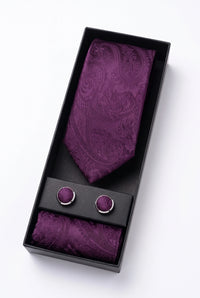 Conjunto de gravata masculina lilás com estampa paisley