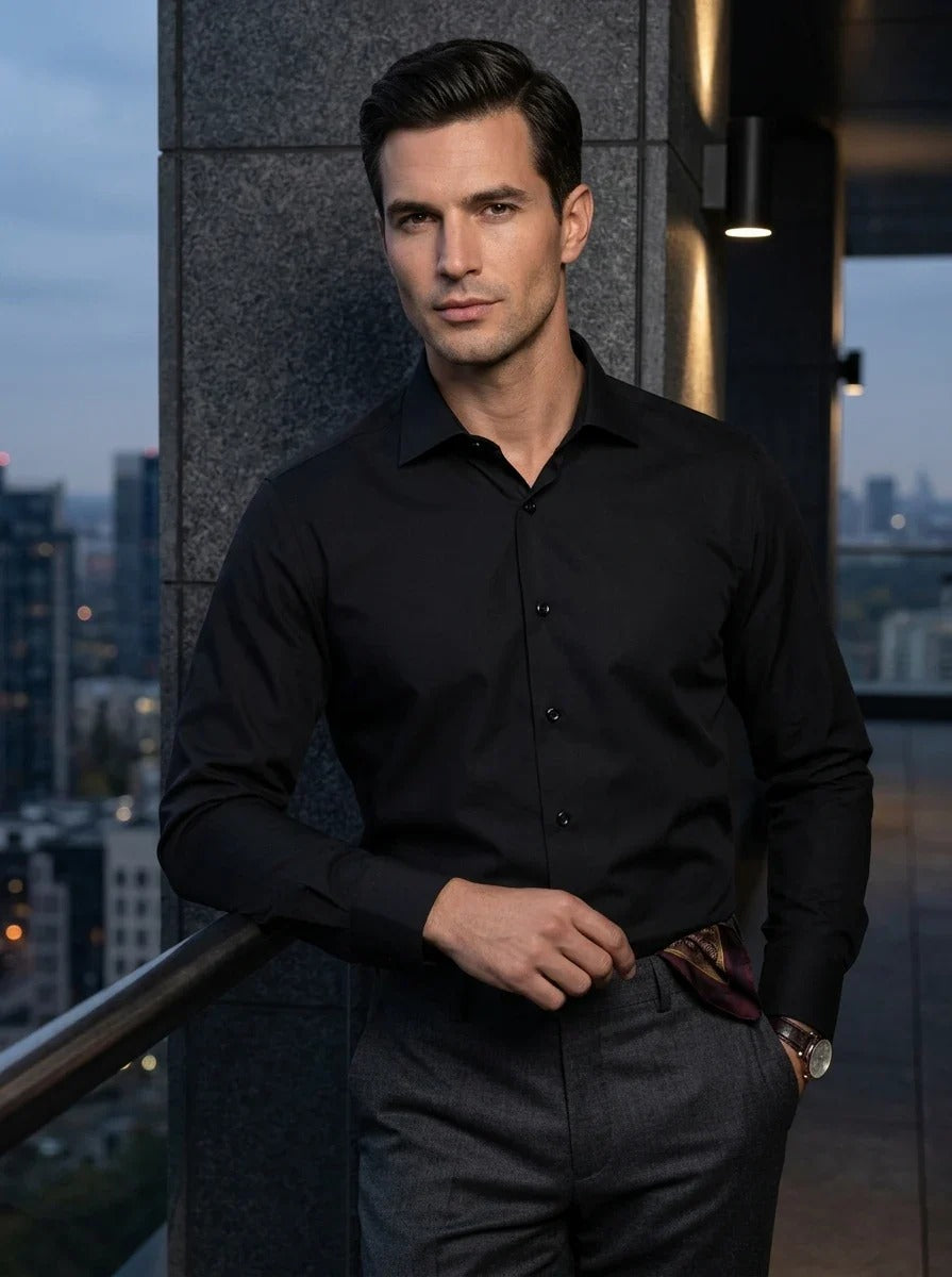 Camisa social masculina de manga comprida com botões - Preta