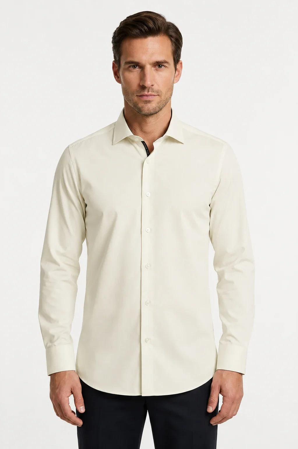 Camisa social masculina de manga comprida com botões - Creme