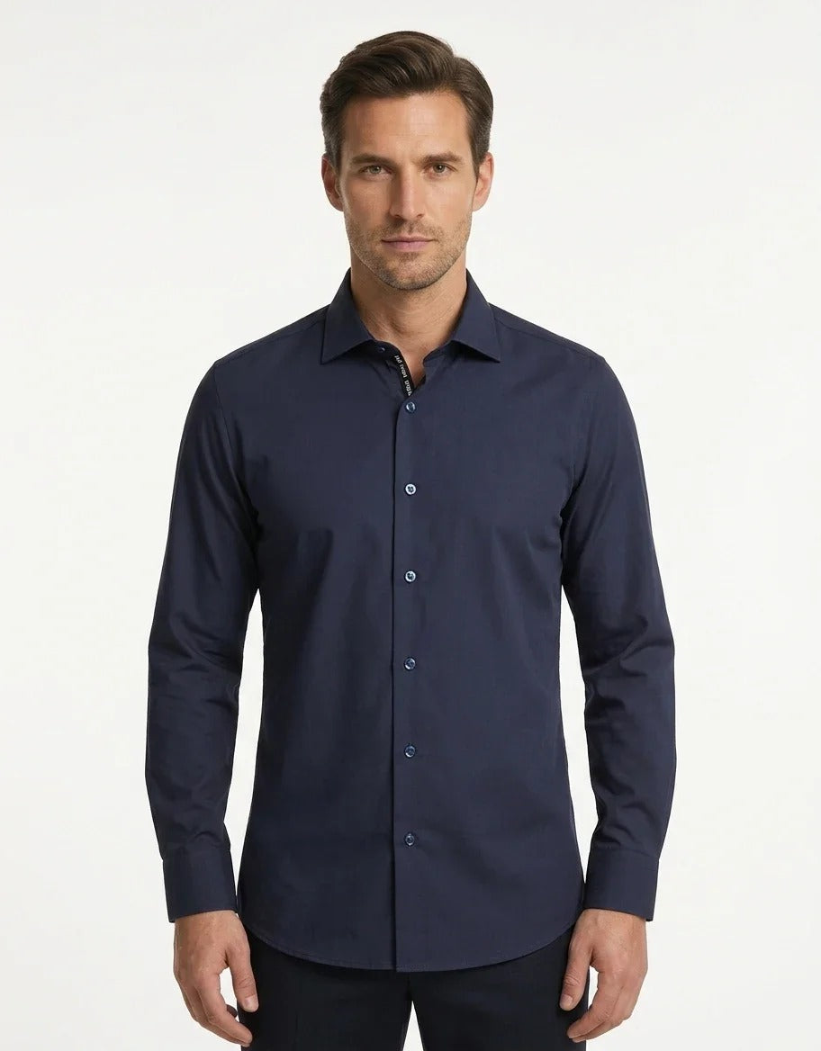 Camisa social masculina de manga comprida com botões - Azul-marinho