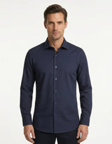 Camisa social masculina de manga comprida com botões - Azul-marinho