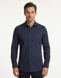 Camisa social masculina de manga comprida com botões - Azul-marinho