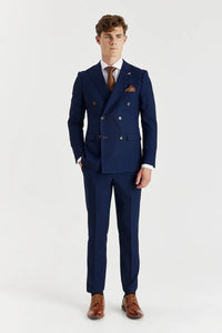 Blazer masculino azul-marinho com estampa olho de perdiz e abotoamento duplo.
