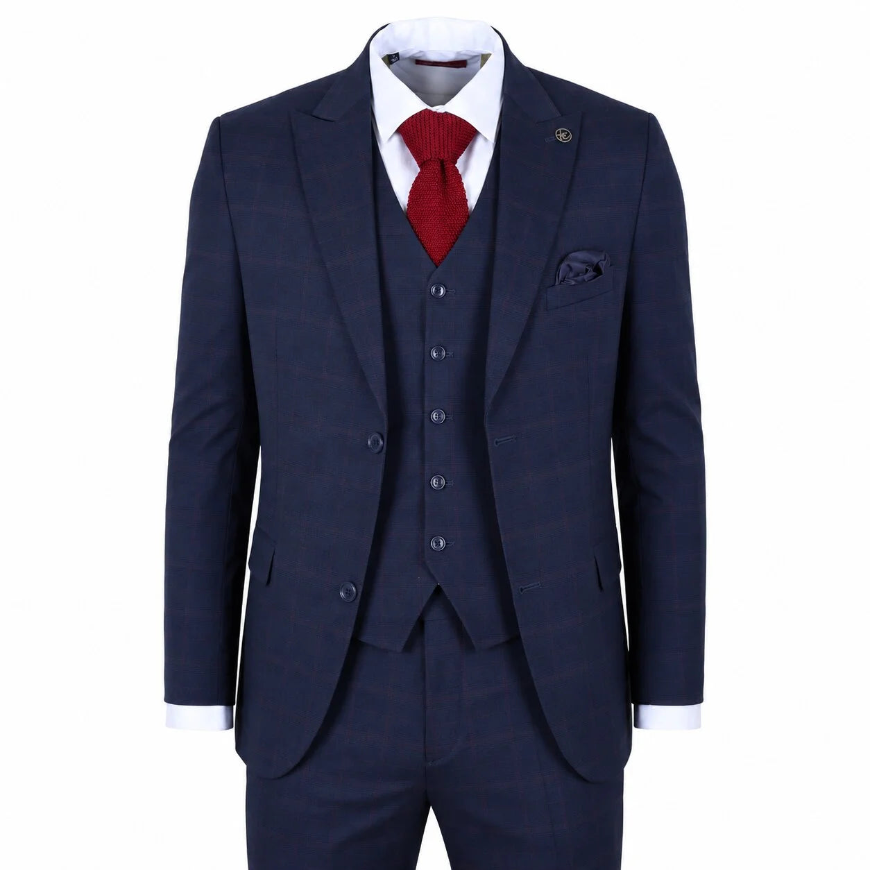 IM54 - Terno masculino azul-marinho xadrez de corte ajustado, 3 peças