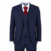 IM54 - Terno masculino azul-marinho xadrez de corte ajustado, 3 peças