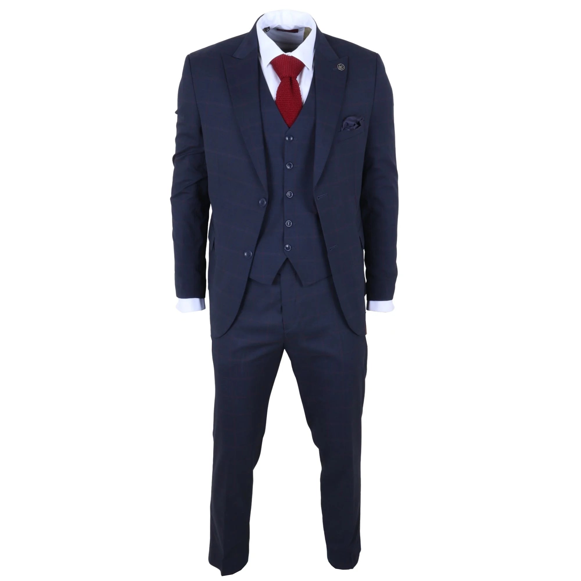 IM54 - Terno masculino azul-marinho xadrez de corte ajustado, 3 peças
