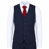 IM54 - Terno masculino azul-marinho xadrez de corte ajustado, 3 peças