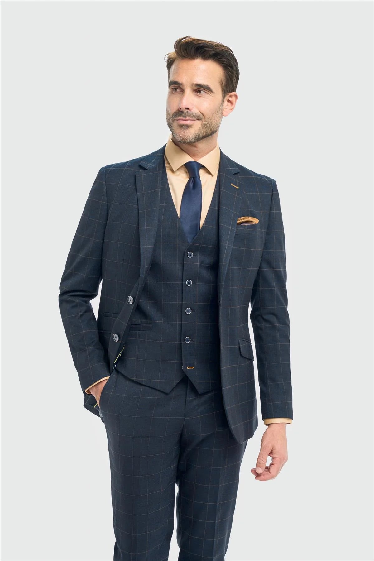 Blazer masculino xadrez azul-marinho com corte ajustado