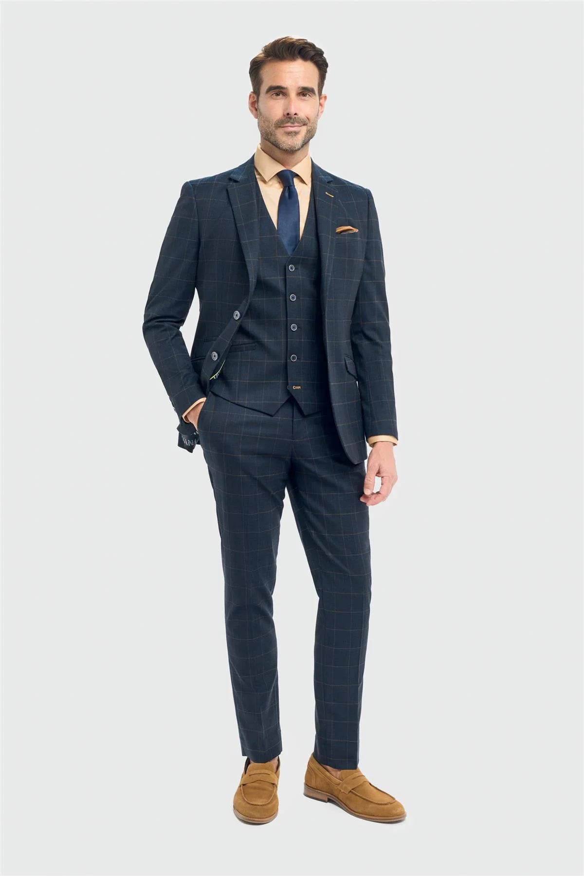 Blazer masculino xadrez azul-marinho com corte ajustado