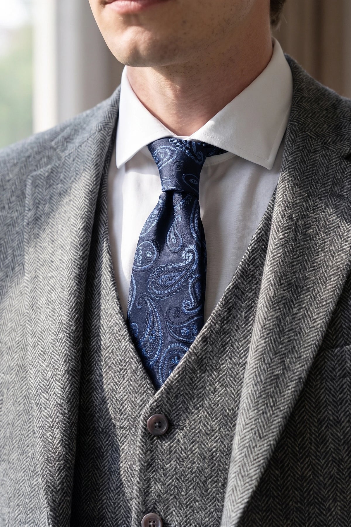 Gravata masculina azul-marinho com estampa paisley