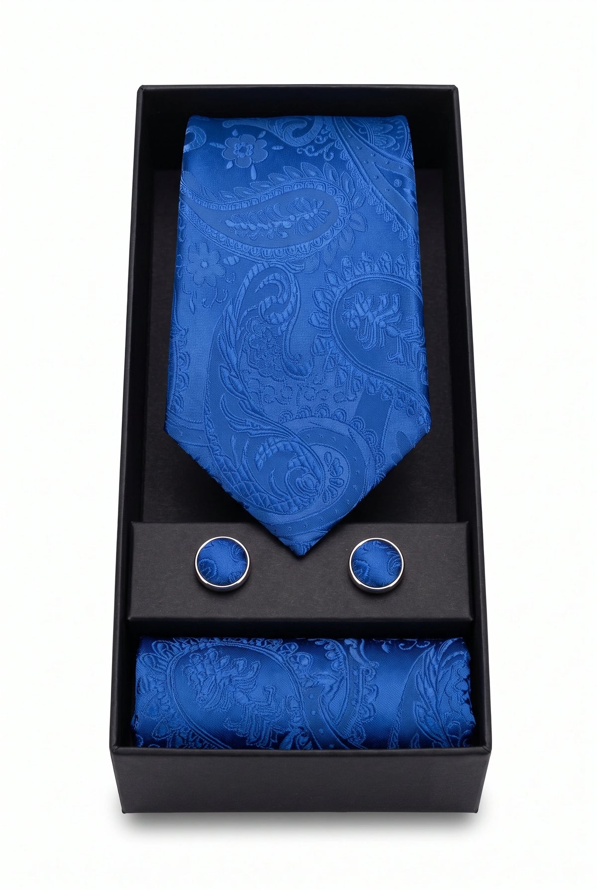 Conjunto de gravata masculina azul marinho com estampa paisley