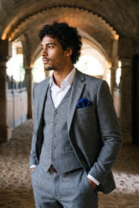 Lenço de bolso masculino em tweed azul-marinho com mistura de lã.