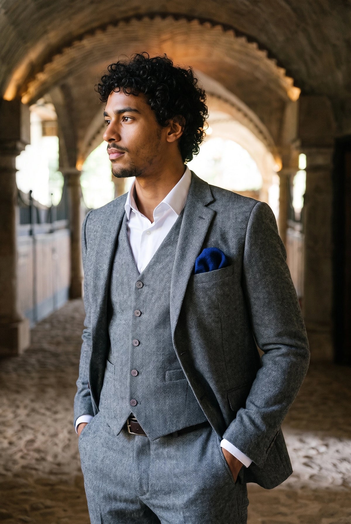 Lenço de bolso masculino em tweed azul-marinho com mistura de lã.
