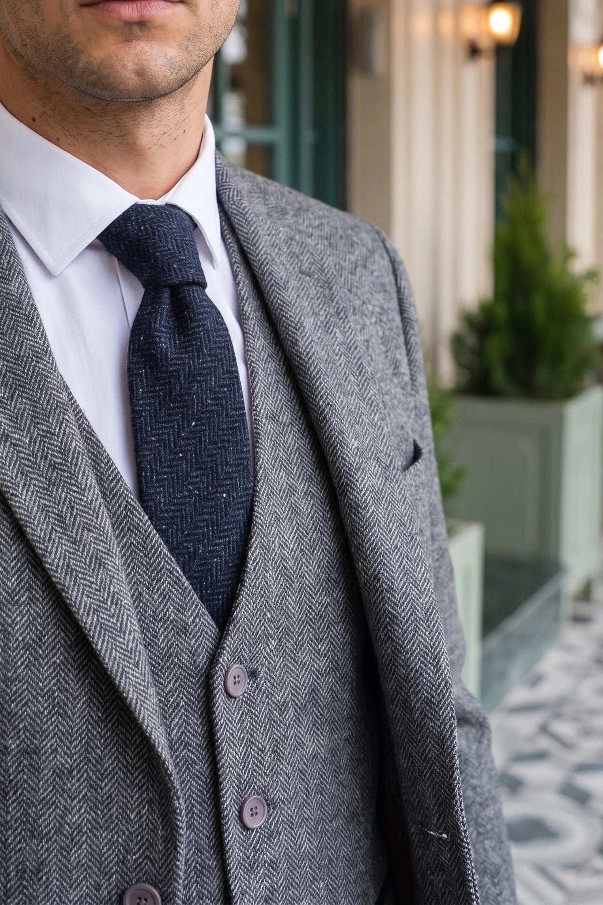 Gravata masculina azul-marinho em tweed de lã mista