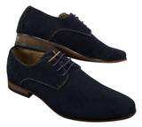 Sapatos masculinos casuais elegantes em camurça nobuck, nas cores azul marinho, marrom e preto.