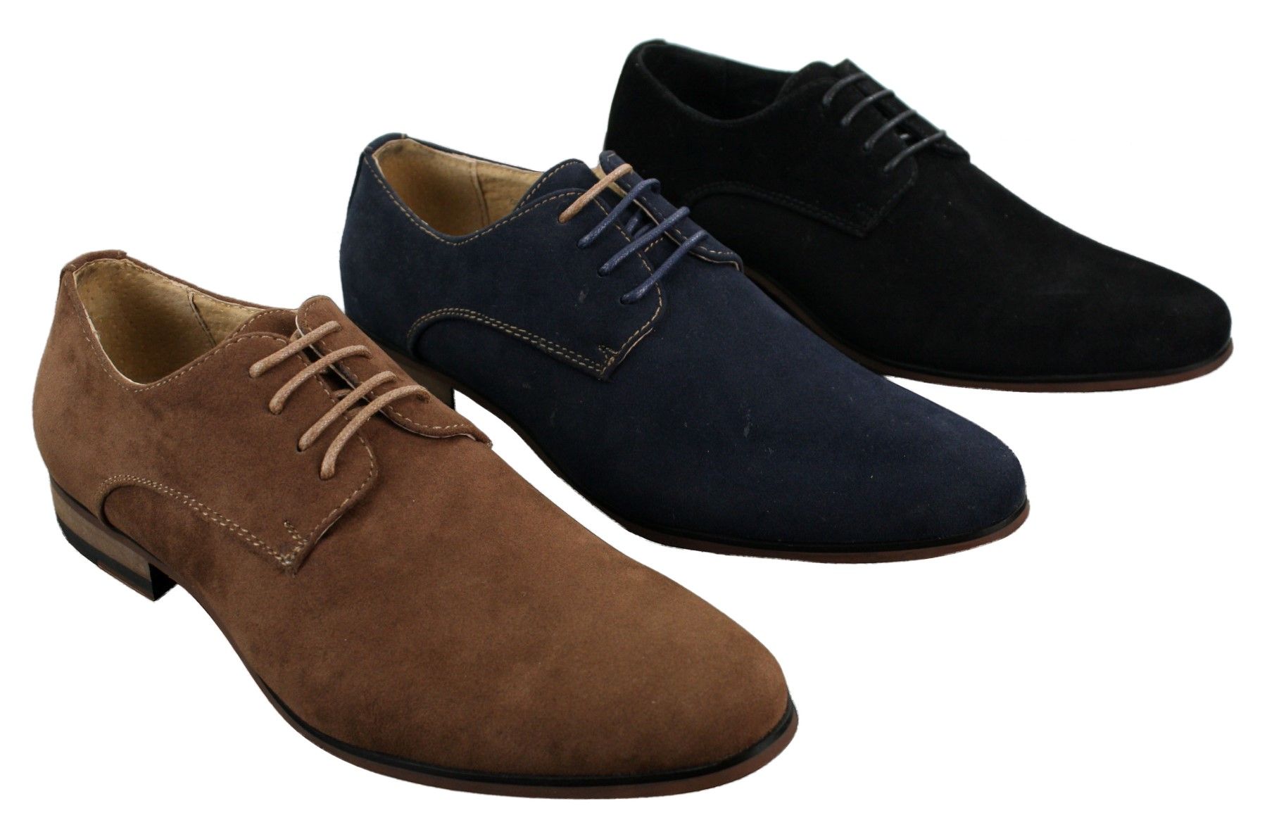 Sapatos masculinos casuais elegantes em camurça nobuck, nas cores azul marinho, marrom e preto.