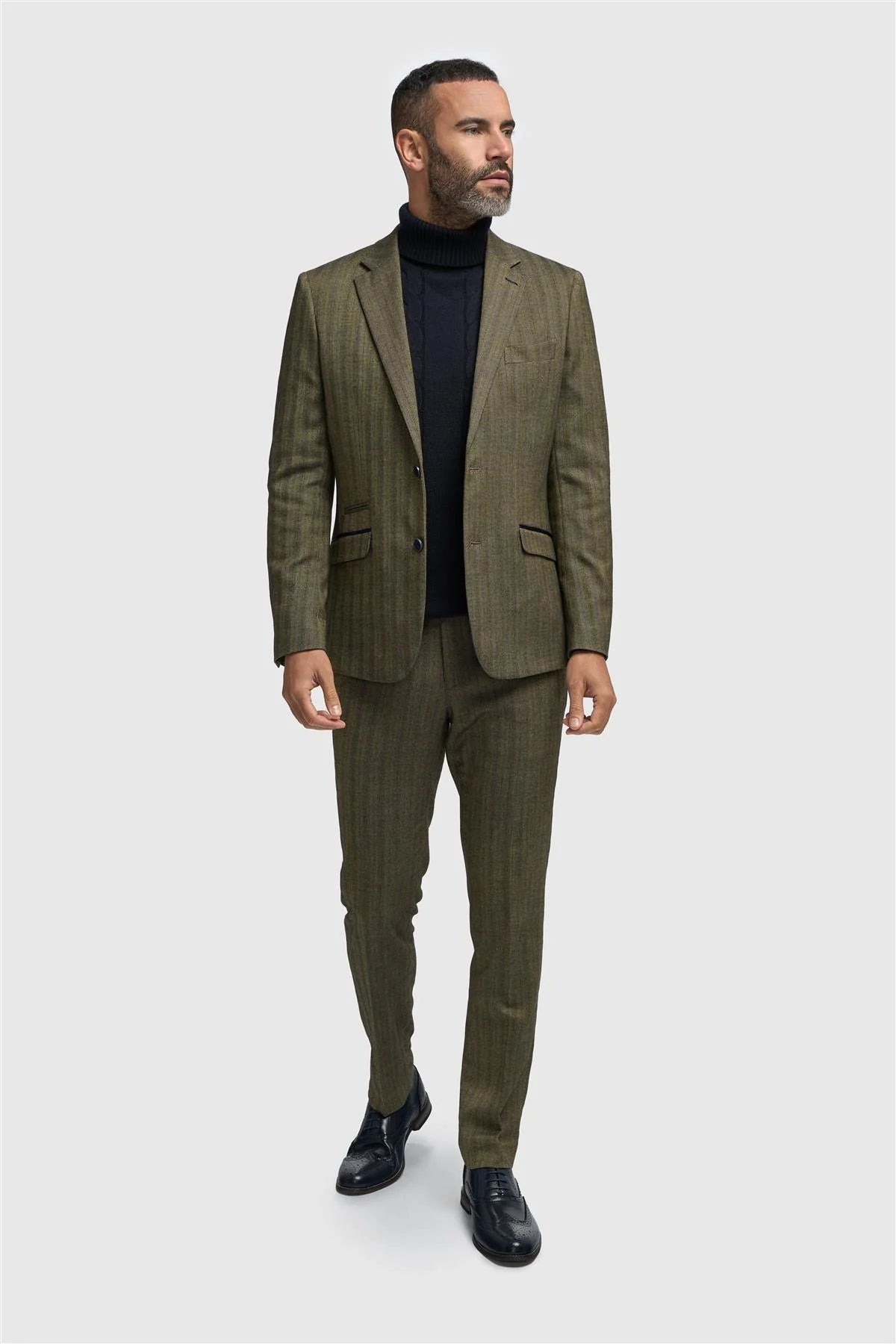 Blazer masculino em tweed verde-oliva com padrão espinha de peixe