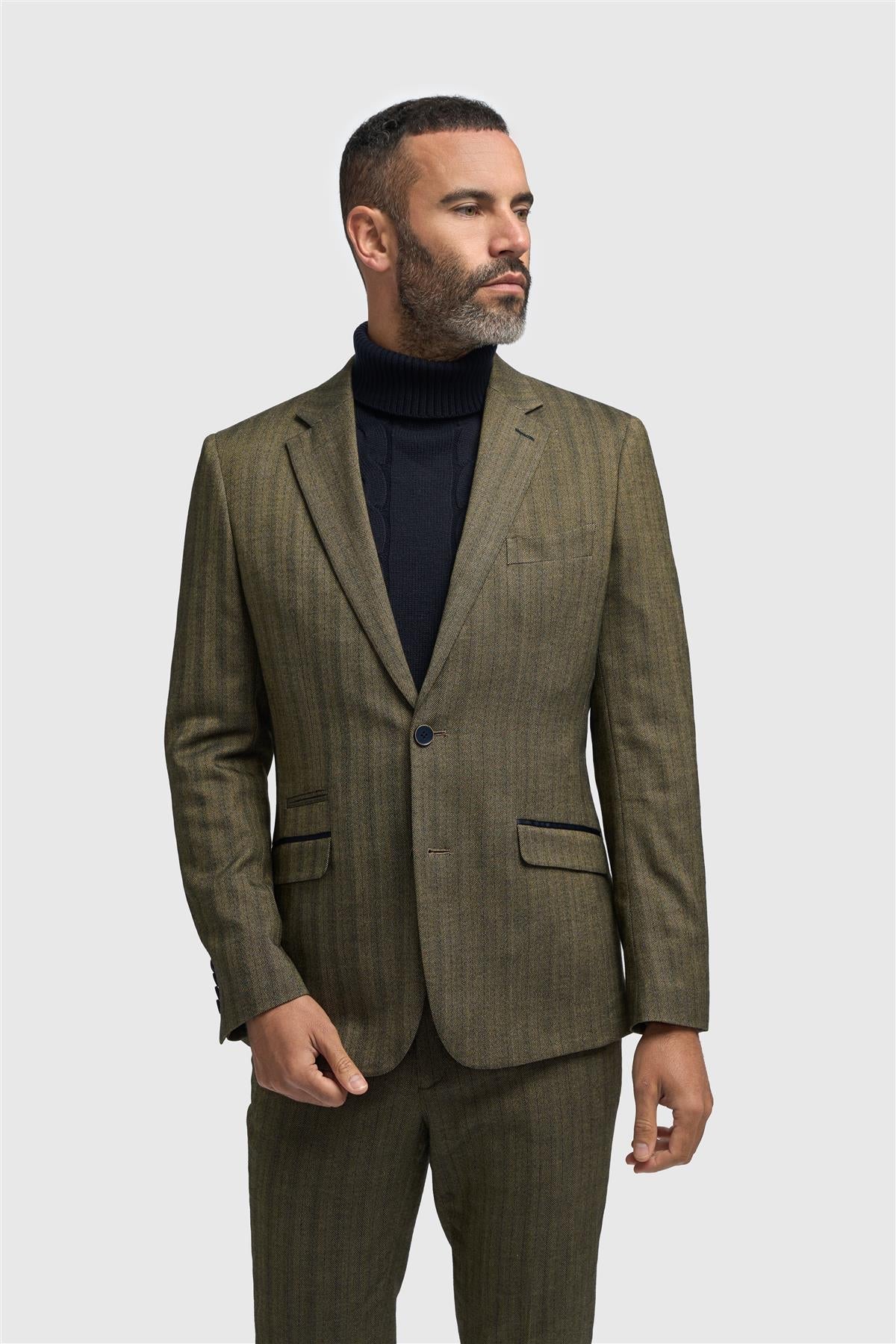 Blazer masculino em tweed verde-oliva com padrão espinha de peixe